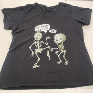 Black funny skeleton‎ t-shirt Graphic tee Halloween joke Womens XL Spooky Season